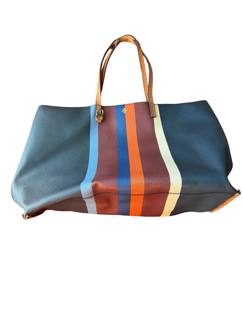 Tory Burch Navy Leather Tote with Multicolor Vertical Stripes